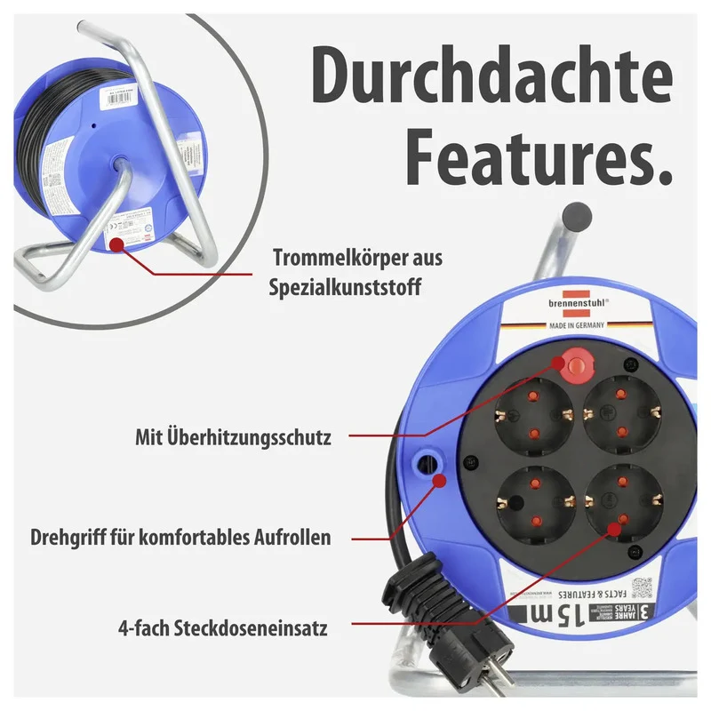 B-Ware Brennenstuhl Kabeltrommel 15m Schutzkontakt-Stecker 4-fach Überhitzungsschutz