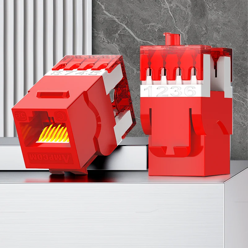AMPCOM CAT5E Unshielded 180° Punch-Down Keystone Jack for Ethernet Network, Red Shell